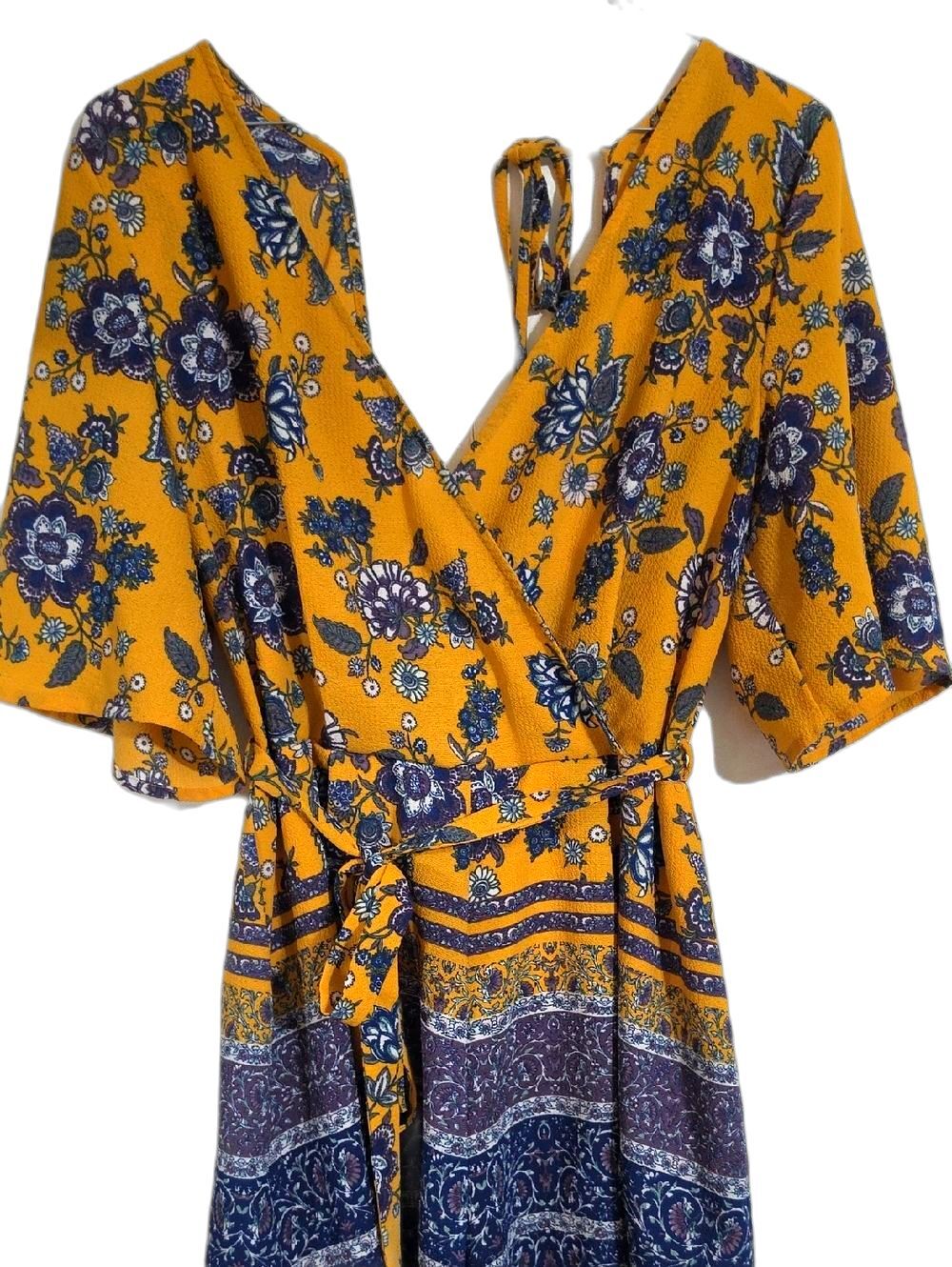 miami Mustard and Navy Floral Wrap Jumpsuit